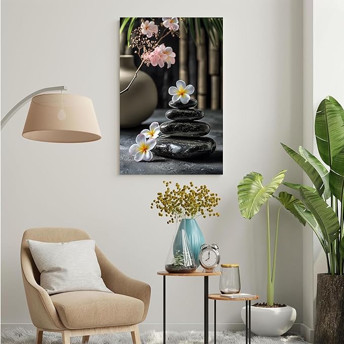 A harmonious black stone stack paired with white and pink flowers bamboo and ceramic vases creates a tranquil Zen decor for minimalist homes and mindful spaces 8x12in Wood Framed