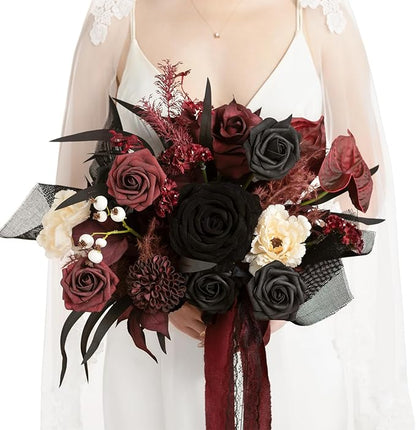 Ling's moment Black and Burgundy Wedding Bouquets for Bride, Gothic Bridal Bouquets for Bride, 13 Inch Free Form Artificial Wedding Flower Bouquet