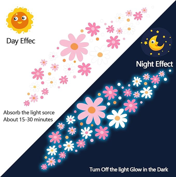 Glow in The Dark Big Daisy Wall Decals，Glowing Luminous Large Cute Daisy Wall Stickers Colorful Removable self-Adhesive Pink White Flower Decals for Girls Bedroom Kids Baby Nursery Living Room Decor