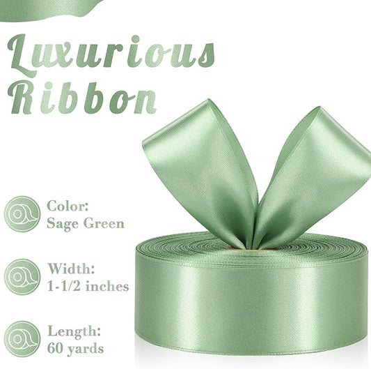 Sage Green Ribbon 1-1/2 Inch, 60 Yards Light Green Satin Ribbon for Gift Wrapping, Fabric Ribbon for Flower Bouquet Crafts Wedding Christmas Easter Halloween