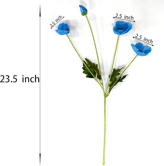 ATFL Blue Poppy Flowers Artificial for Wedding Decorations,12 Pcs Fake Faux Silk Poppies Bulk for Home Decor Table Centerpieces Floral Arrangement(23.5‘’, Blue)