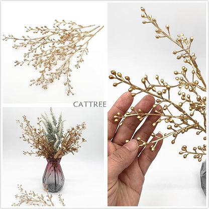 Artificial Golden Berry Stem Decor, Faux Glitter Flowers Stems Branches Plants Fake Berries Sticks Plant for Indoor Wedding Bouquet Party Wreath Crafts Gift Christmas Tree DIY Decoration - Gold 6 Pcs