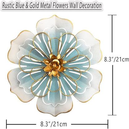 Metal Flower Wall Art Decor, 9.5”Rustic Modern Floral Sculpture, Distressed Iron Wall Hanging Home Decoration Accent Artworks for Indoor Kitchen Bedroom Living Office Outdoor Garden Patio-06 Blue Gold