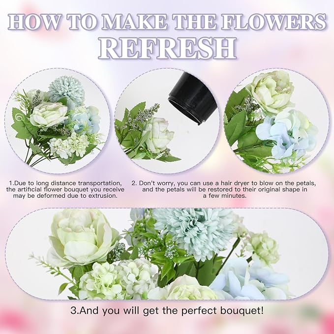 Nubry 3pcs Artificial Flowers Bouquet Fake Peony Silk Hydrangea Faux Roses Wildflowers Arrangements with Stems for Wedding Home Centerpieces DIY Decor (Light Green)
