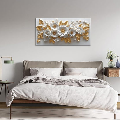 IDAFU Flower Wall Art White Foral and Golden Leaves Wall-décor White Wall Art Floral Painting Pictures for Living Room Bathroom Bedroom Kitchen Office Cuadros Decorativos Para Sala Decor 58L x28W