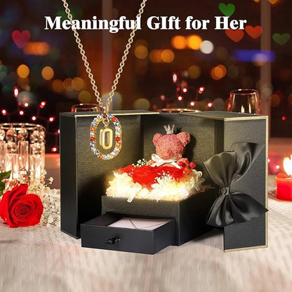 Birthday Gifts for Mom from Daughter, Son, Preserved Real Roses with Initial Necklace O, Meaningful Anniversary Present for Girlfriend Wife Women