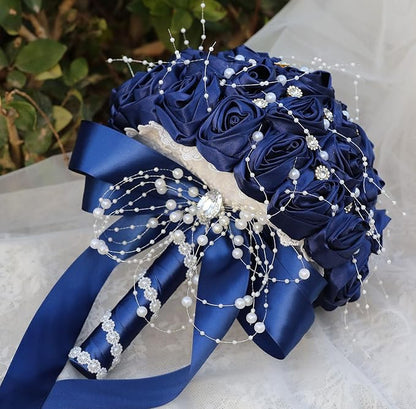 Bridal Wedding Bouquet Round Bling Brooch Bouquet Throw Toss Artificial Rose Flower Bunch for Bride Bridesmaid Wedding Quinceanera(Navy Blue, 8.7")