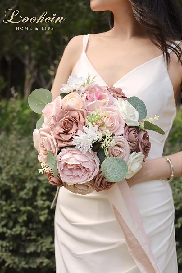 Lookein Artificial Flowers for DIY Wedding Decoration Bridal Bouquet Table Centerpieces Flower Wreaths Aisle Decoration Home Decor, Elegant Dusty Rose