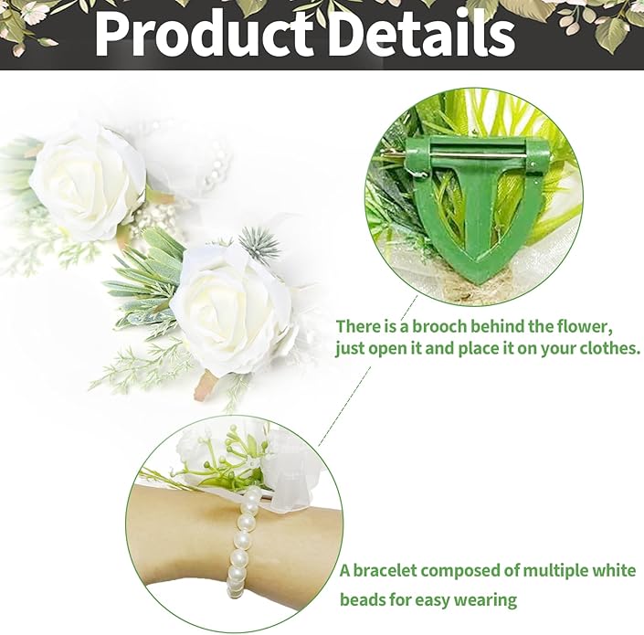 Pack of 2 Ivory Rose Wrist Corsage and Boutonniere Set for Men Women - Artificial Flowers with Pearl Bracelet and Boutonniere Pin for Bride, Groom, Bridesmaids, Groomsmen, Weddings, Prom Accessories
