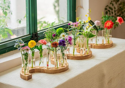 Melphoe Glass Bud Vases Small Flower Vase for Centerpieces Wedding Table Decorations, Home Decor, Propagation Station Plant Terrarium with Wooden Stand, Unique Plant Lover Gifts for Women (Brown)