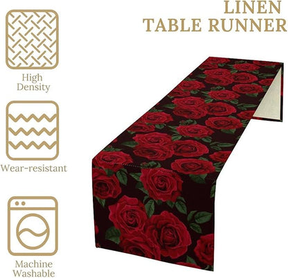 Red Rose Table Runner,Romantic Spring Summer Seasonal Table Runner for Indoor Outdoor Holiday Home Wedding Party 13x60 Inch
