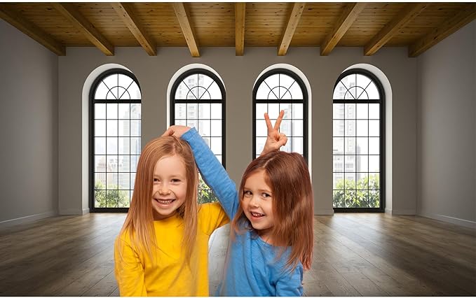 Empty Room Backdrop Concrete Walls Wooden Floor with Big Arched Windows Dance Photography Background Empty Loft Style with Brick Wall Photography Party Decorations Photo Studio Props 20x10ft