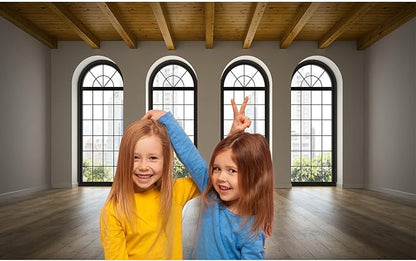 Empty Room Backdrop Concrete Walls Wooden Floor with Big Arched Windows Dance Photography Background Empty Loft Style with Brick Wall Photography Party Decorations Photo Studio Props 20x10ft