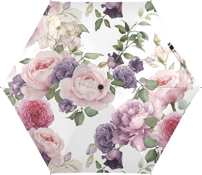 MRMIAN ALAZA Pink & Red Rose Flowers Purple Roses Folding Umbrella for Rain Sun Travel Mini Lightweight Compact Umbrellas