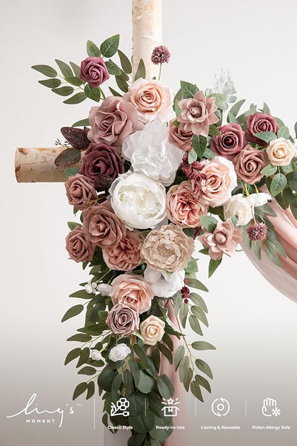 Ling's moment Pink Mauve Artificial Wedding Arch Flowers Kit Pack of 4, 2pcs Hanging Flower Arrangement 2pcs Chiffon Drapes Spring Ceremony Reception Fake Rose Arbor Backdrop Floral Outdoor Decor