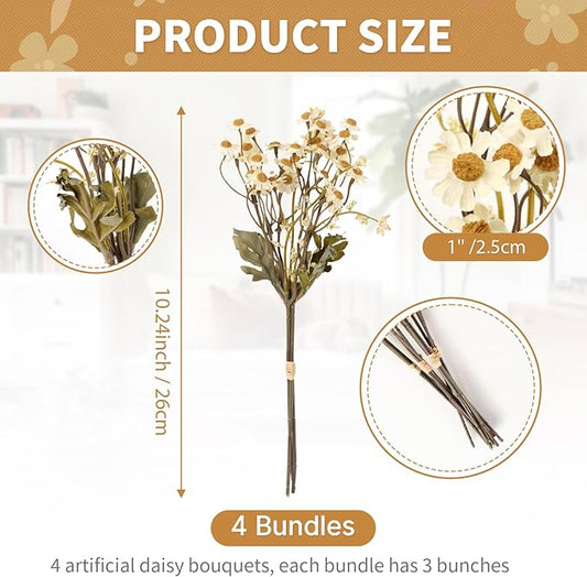 4 Bundles Small Artificial Daisy Flowers Bouquet Faux Silk Fall Daisy Flowers Fake Autumn Plants for Home Garden Vase Decor (White)