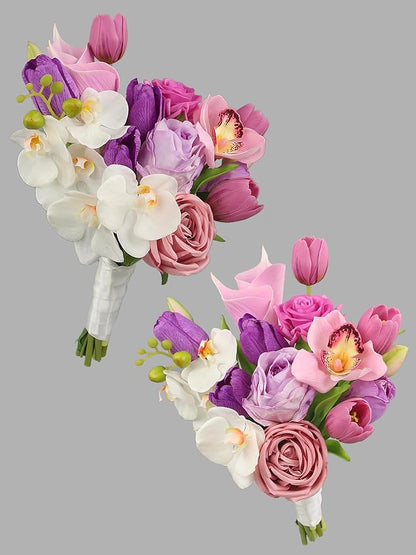 Rinlong 9.8 Inch Silk Posy Bouquet Wedding Bouquets for Bride Artificial Tulips Small Bridal Bouquet for Wedding Ceremony Dark Pink