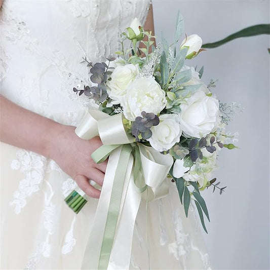 Wedding Bouquet Artificial Roses Flower Bride Bridal Bouquets Handmade Silk White Rose Flower Wedding Bridal Bouquets for Church Party Home Decoration