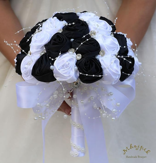 Bridal Wedding Bouquet Round Bling Brooch Bouquet Throw Toss Artificial Rose Flower Bunch for Bride Bridesmaid Wedding Quinceanera(White & Black, 9.8")