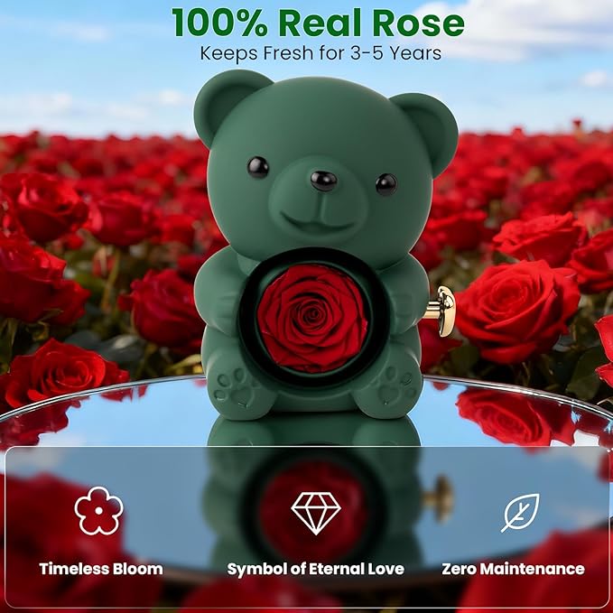 Cute Teddy Bear with Preserved Rose - A Real Rose Flower in Bear with Elegant Gift Box Romantic Gift for Mother's Day, Weddings, Anniversaries, Bridal (Green)