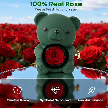 Cute Teddy Bear with Preserved Rose - A Real Rose Flower in Bear with Elegant Gift Box Romantic Gift for Mother's Day, Weddings, Anniversaries, Bridal (Green)