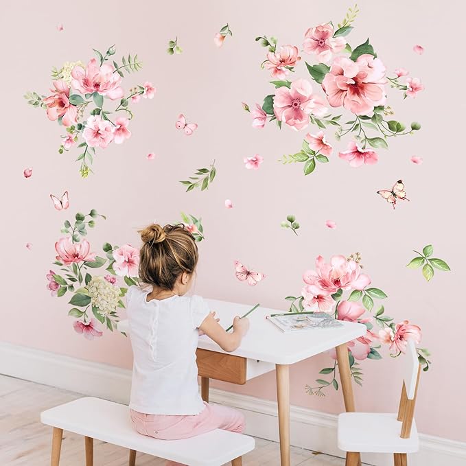 Pink Flower Wall Stickers, Spring Garden Floral Wall Decals 10 Sheets DIY Peel and Stick Wall Decal Self Adhesive Wall Art Decor for Bedroom Sofa Backdrop Cabinets Drawers