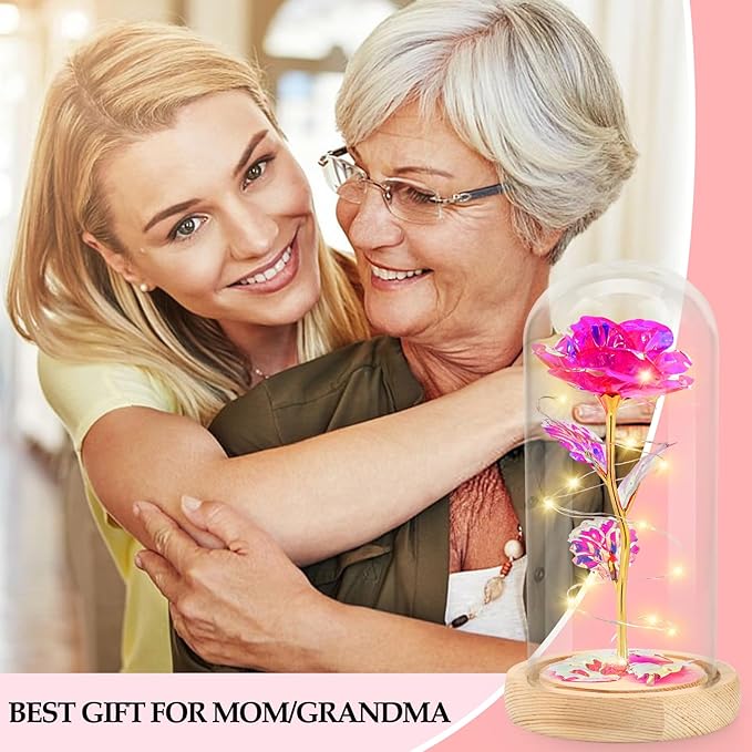 Beferr Mom Birthday Gifts for Women, Galaxy Glass Rose Forever Preserved Flowers for Delivery Prime Light Up Rose in Glass Dome Christmas Rose Gifts for Her Wife Daughter Friends, Pink
