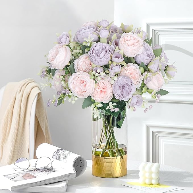 SOMYTING Peonies Artificial Flowers, Fake Flowers Purple Peonies Faux Flowers Vintage Artificial Silk Flower Peonies Bouquets Floral Arrangements Home Wedding Party Table Decor (Pink Purple, 4PCS)