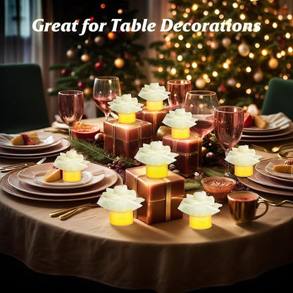12 Pack Led Candles with Artificial Flowers, 200+Hour Battery Operated Tea Lights Candles for Centerpiece Table, Party, Wedding Decorations(White)