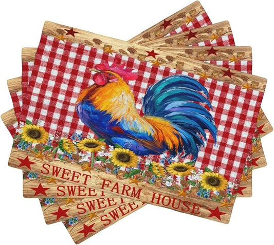 Farm Rooster Placemats, Vintage Rustic Farmhouse Lattice Sunflower Flower Chicken Animal Print Washable Fabric Placemats Table Kitchen Dining Party 12x18 Inch Set of 4