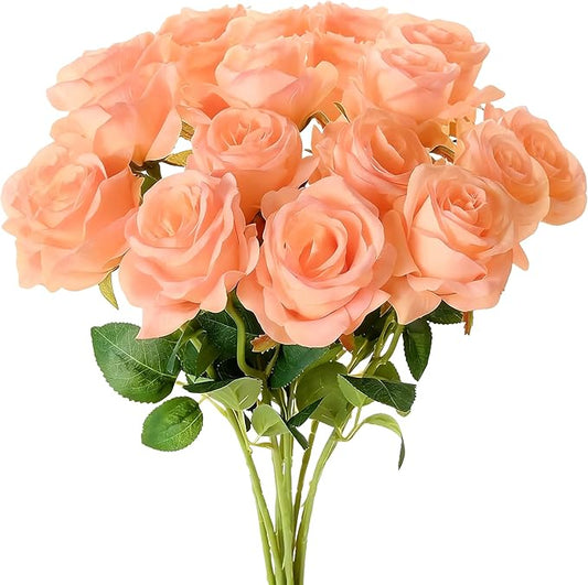 Tangerine Pink Roses Artificial Flowers 15 PCS, Fake Roses Silk Flowers with Long Stems, Faux Rose for Wedding Centerpieces, Home Decor, Party Decor, DIY Bouquet (Tangerine Pink)