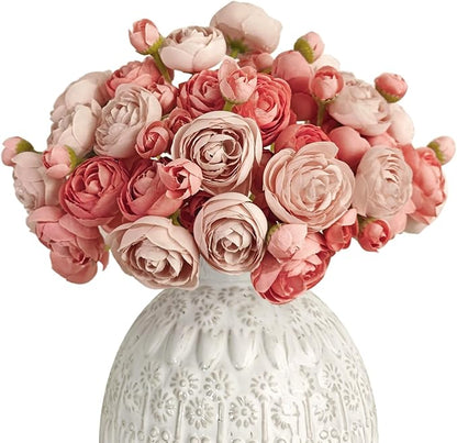 Letjolt Ranunculus Artificial Flower 18 Pcs Pink Silk Ranunculus Wedding Bouquet Engagement Centerpieces Arrangements Bridal Shower Decorations Home Decor, Deep Pink