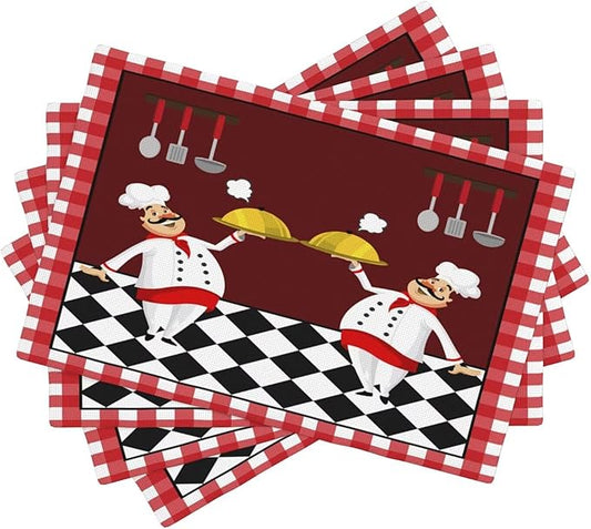 Fat Chef Kitchen Linen Placemats Set of 4 Red Plaid Cooking Theme Placemats for Indoor Outdoor Party Home Desktop Dining Room Decor 12x18 Inch