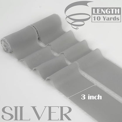 MEEDEE Silver Chiffon Ribbon 3 Inch Frayed Ribbons Gray Chiffon Silk Grey Fringe Ribbon Wide Chiffon Ribbons for Crafts, Flower Bouquet, Wedding Favors Wrapping (2 Rolls 10 Yards)