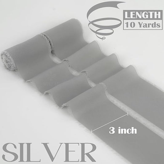 MEEDEE Silver Chiffon Ribbon 3 Inch Frayed Ribbons Gray Chiffon Silk Grey Fringe Ribbon Wide Chiffon Ribbons for Crafts, Flower Bouquet, Wedding Favors Wrapping (2 Rolls 10 Yards)