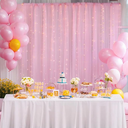 20×10ft Pink Tulle Backdrop Curtain with Lights String for Parties, Sheer Photo Backdrop Curtains for Wedding Party Photography Background