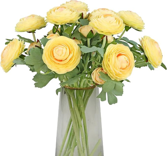 Artificial Ranunculus Flowers with Real Touch Stem, Silk Ranunculus Flowers (Creamy Yellow, 10pcs)