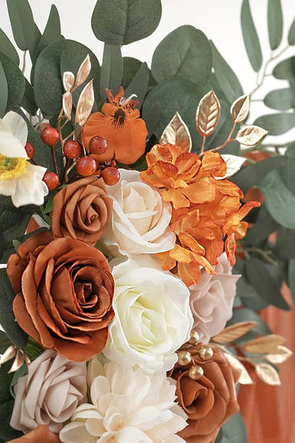 Burnt Orange Artificial Wedding Arch Flowers Kit (Pack of 3) with 26Ft Terracotta Shiny Arch Draping Fabric for DIY Wedding Party Ceremony Reception Backdrop Floral Decoration