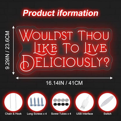Wouldst Thou Like to Live Deliciously?Live Deliciously Neon Sign, Vintage Font Decor,Goth Room Decor,Gothic Horror Sign,Gothic Halloween Sign, Encouraging Light, Pink Led Light for Bedroom, Club
