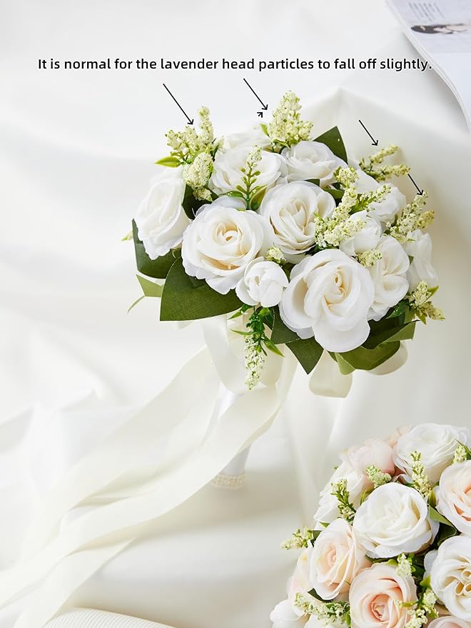 Meldel Ivory Wedding Bouquets for Bride Bridesmaid with Corsage and Boutonniere Set, 8 Inch White Champagne Artificial Roses Flowers Bridal Bouquet for Wedding Church Decoration,Ceremony, Anniversary