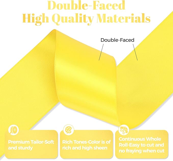 Daffodil Yellow Satin Ribbon, Double Faced 2 Inch X 25 Yards Daffodil Ribbon, Premium Satin Ribbon for Gift Wrapping, Crafts, Hair Bow Making, Sewing, Flower Bouquet, Wedding Party Decor