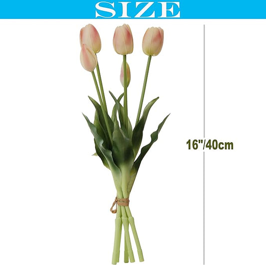 20pcs Artificial Tulip Flowers,16 Inch Real Touch Tulip Stems with Faux Leaves, Faux Tulips and Buds for Home Décor Centerpiece Ornament Wedding Bouquet,Champagne