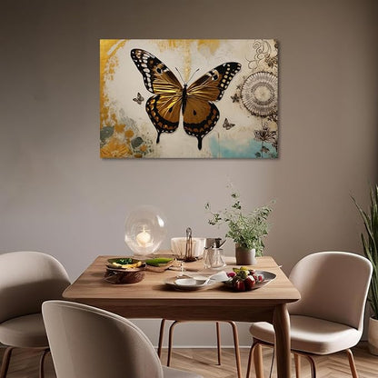 KPLUNDO Butterfly Wall Art Abstract Flower Picture Gray Gold Poster Vintage Painting Modern Artwork Home Decor for Living Room Bedroom Office Wall Decoration Ready to Hang(Art-3,24.00x36.00 inch)