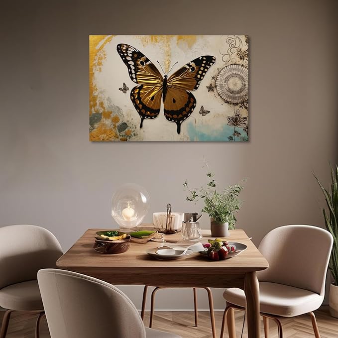 KPLUNDO Butterfly Wall Art Abstract Flower Picture Gray Gold Poster Vintage Painting Modern Artwork Home Decor for Living Room Bedroom Office Wall Decoration Ready to Hang(Art-3,28.00x42.00 inch)