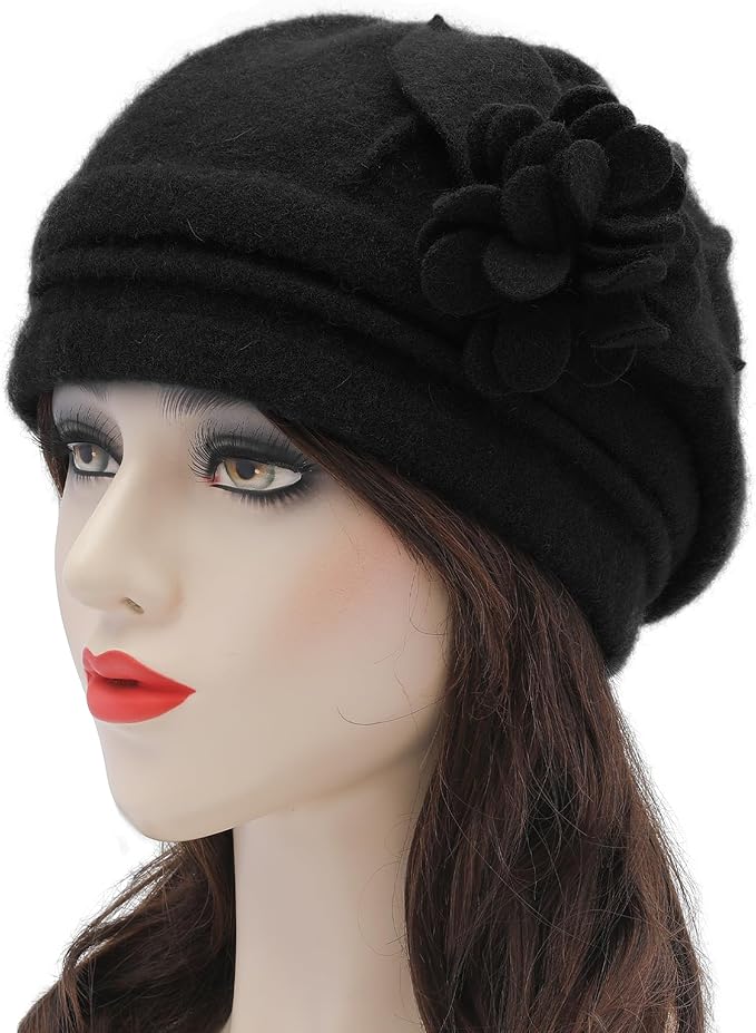 ZLYC Women Wool Cloche Bucket Hat 1920s Vintage Dress Winter Hats with Flower Accent