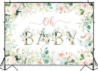 Avezano Greenery Girl Oh Baby Backdrop for Baby Shower Decoration Photography Background Blush Pink and Gold Floral Eucalyptus Greenery Leaves Baby Girl's Shower Party Photoshoot (8x6ft)