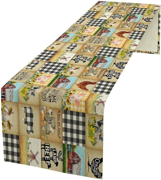 Farmhouse Animals Table Runner,Rustic Cabin Pig Chicken Cow Sunflowers Geometric Grids Burlap for Hotel Indoors Outdoor Dining Room Kitchen Holiday Party, 13x36in