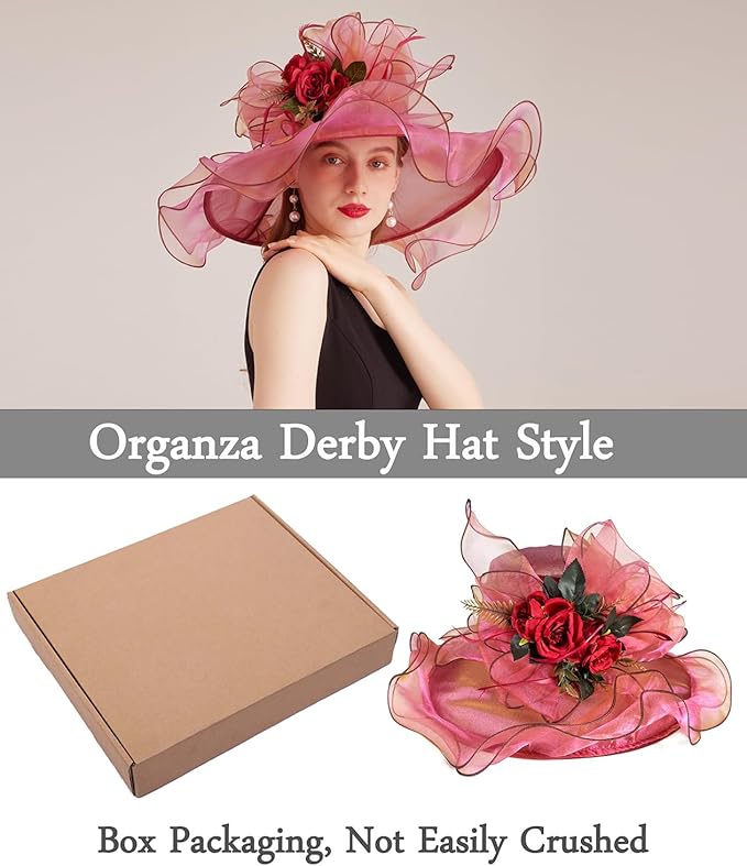 Organza Derby Hats for Women Wide Brim Fascinator Hat Rose Flower Wedding Tea Party Hat