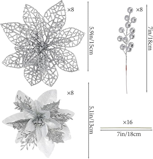 24Pcs Christmas Poinsettia Artificial Flowers and Glitter Berries Kit, 2 Styles Total 16Pcs Christmas Tree Flowers Ornaments, 8Pcs Christmas Tree Picks for Wedding Holiday Decorations, Silver