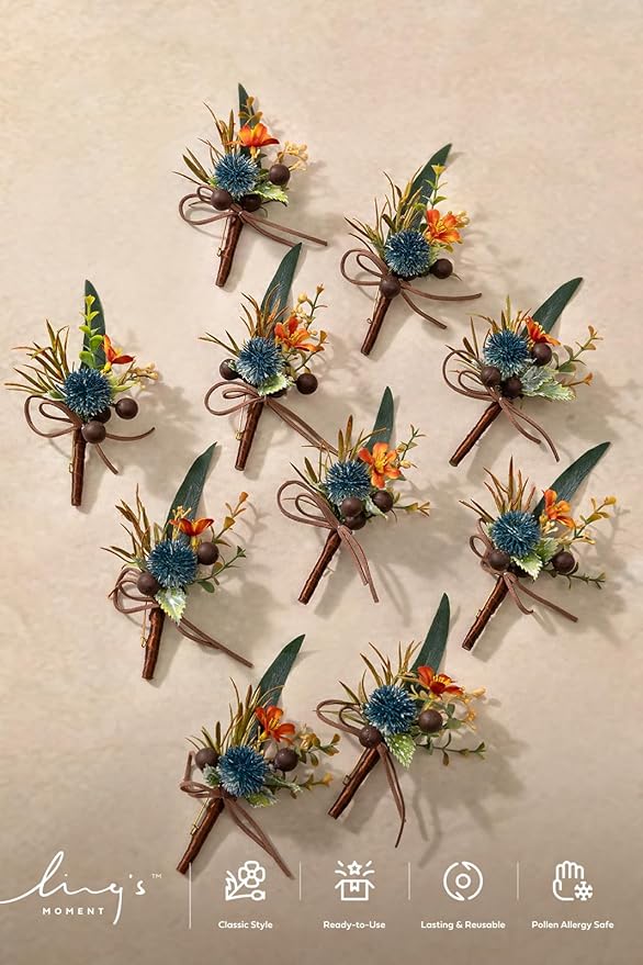 Ling's Moment Boutonniere for Men, 10pcs Groomsmen Guest Boutonniere, Artificial Flowers for Wedding Décor/Prom/Homecoming,etc.Dark Teal Orange